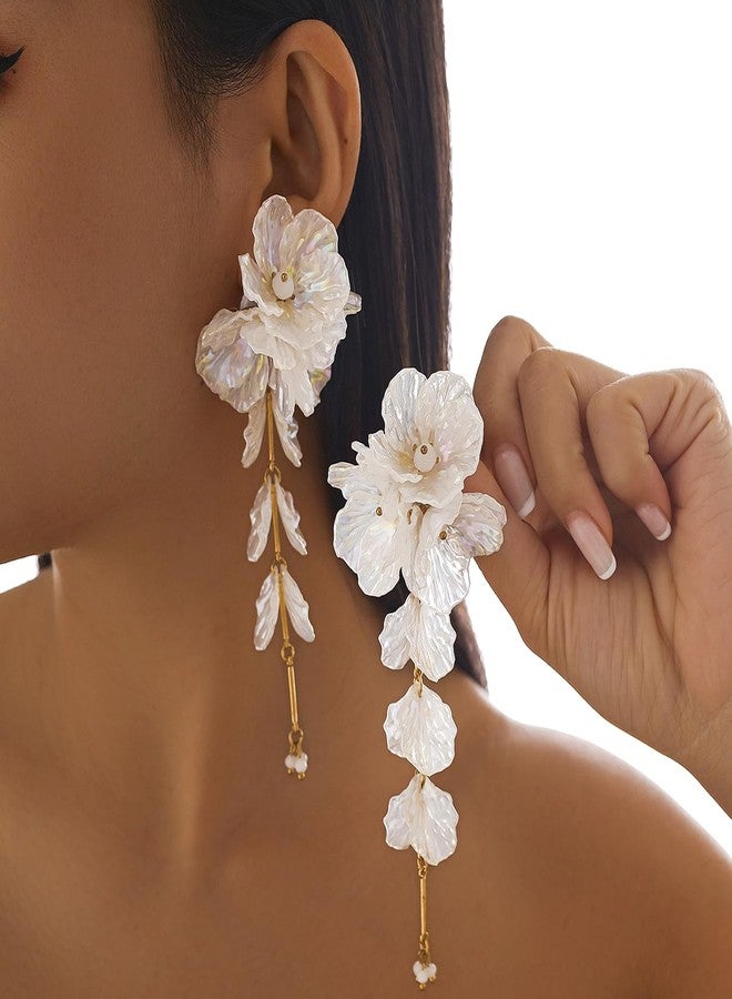 WFik 1Pair Vintage Big Flower Long Tassel Drop Earrings - Summer Boho Floral Crystal Shell Stud Earrings - White Alloy Metal - Female - Medium Size - Post Setting - Dangle Design - Wedding Occasion - Image 2